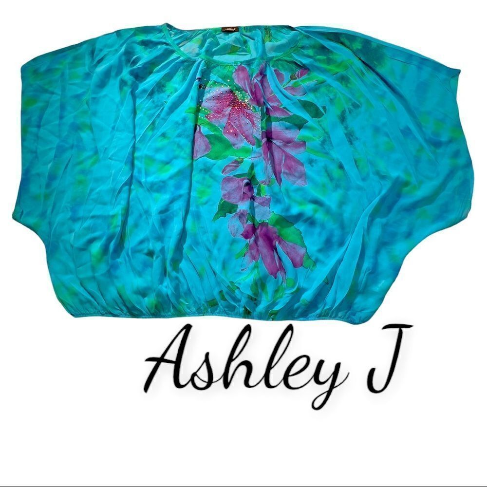Women's Ashley J Multi-Color SS Top with sheer Embellished Floral Plus Size 3X